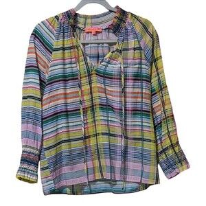 Vilagallo Salama Savile voile blouse cotton plaid tie detail smocked  42/XL